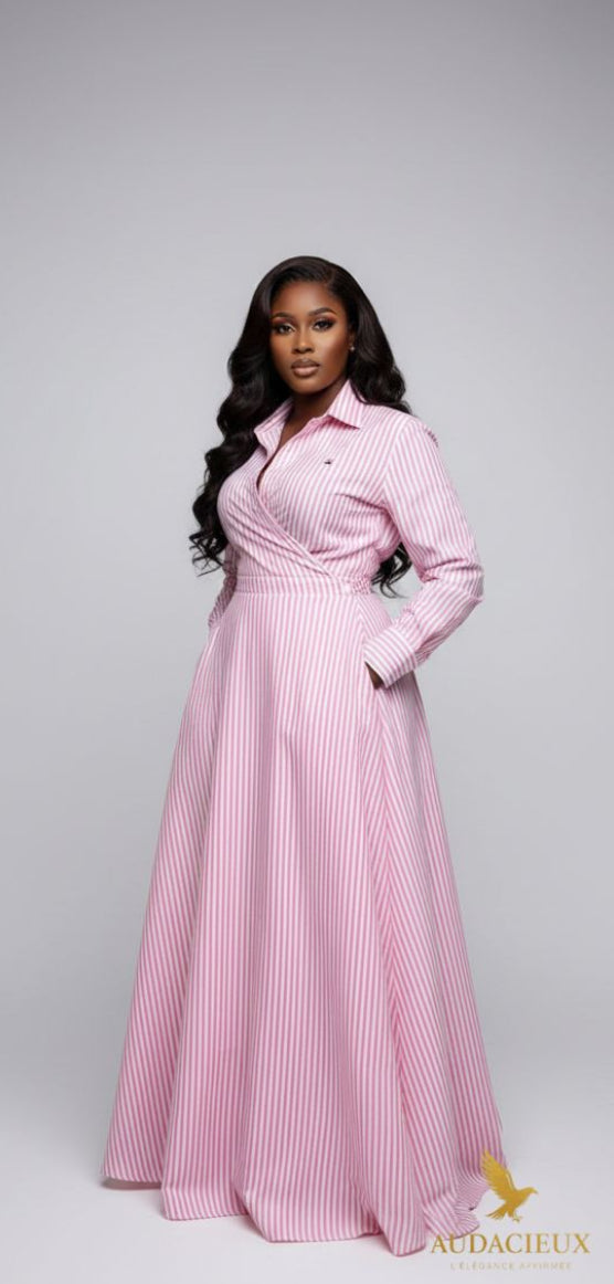 Ensemble Jupe Chemise Rayé Rose en Coton