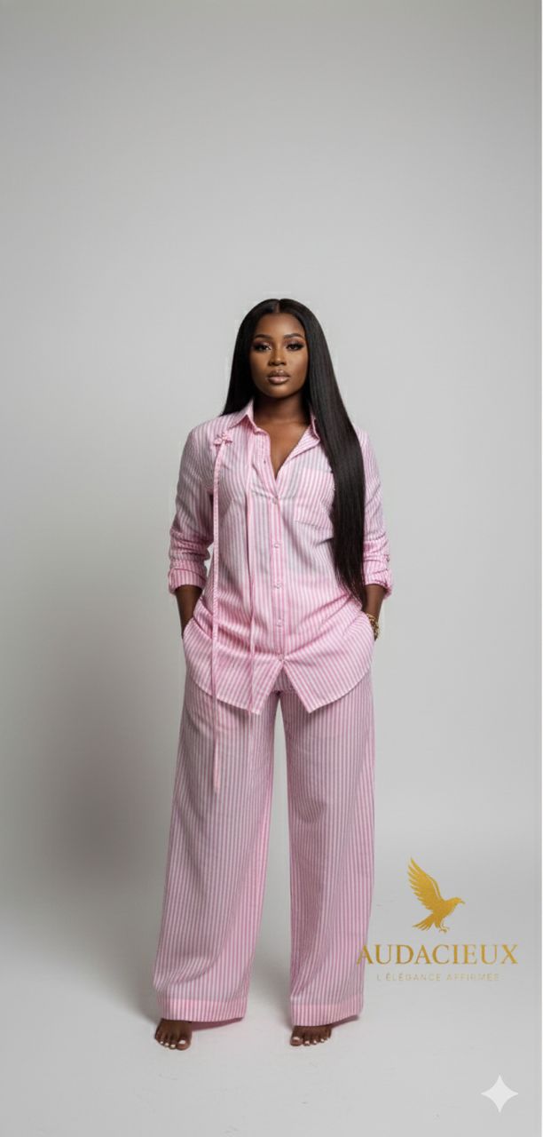 Ensemble Chemise et Pantalon Rayé Rose en Coton