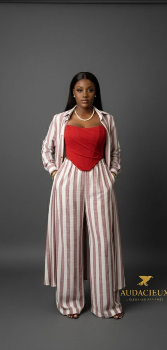 Ensemble 3 Pièces Rayé avec Bustier en Coton